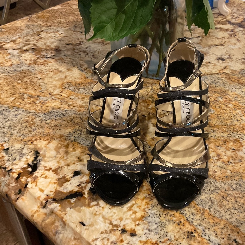 EUC Jimmy Choo London Black Patent leather Strappy Stiletto Sandals 37 1/2 US 7